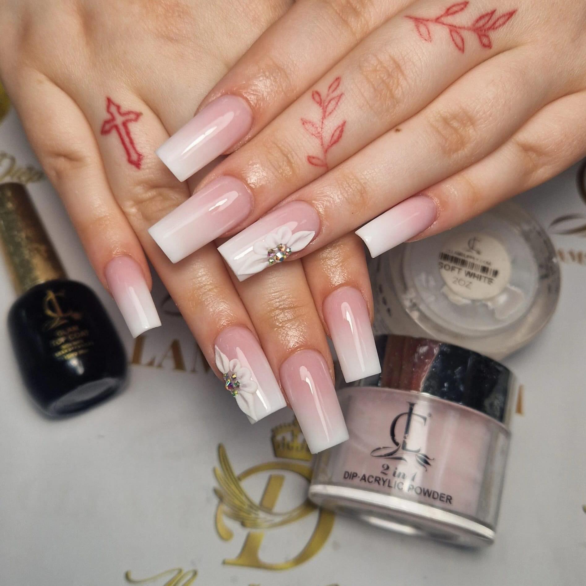 Elegant White French Tip Nails with Flowers