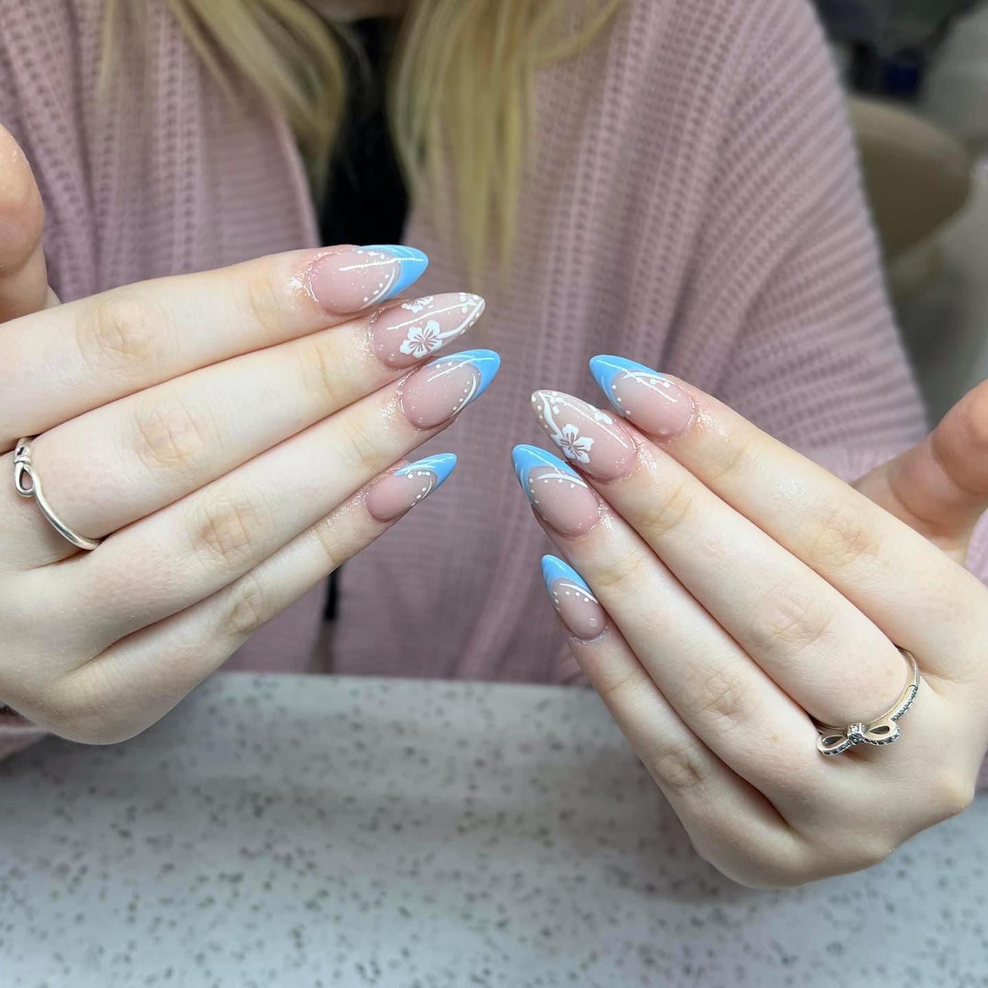 Elegant Floral Blue Ombre Nails