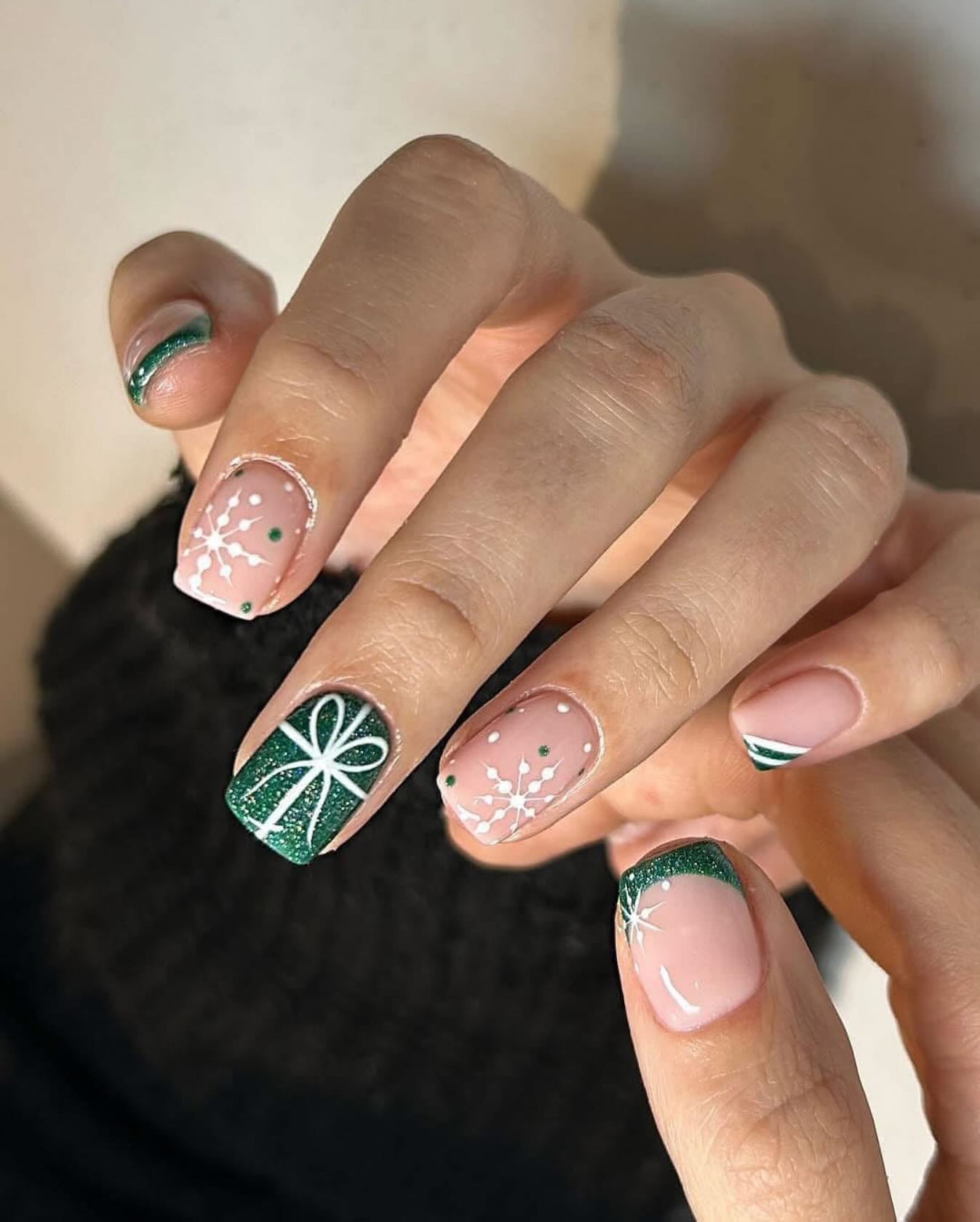 Festive Green and Nude Nail Art