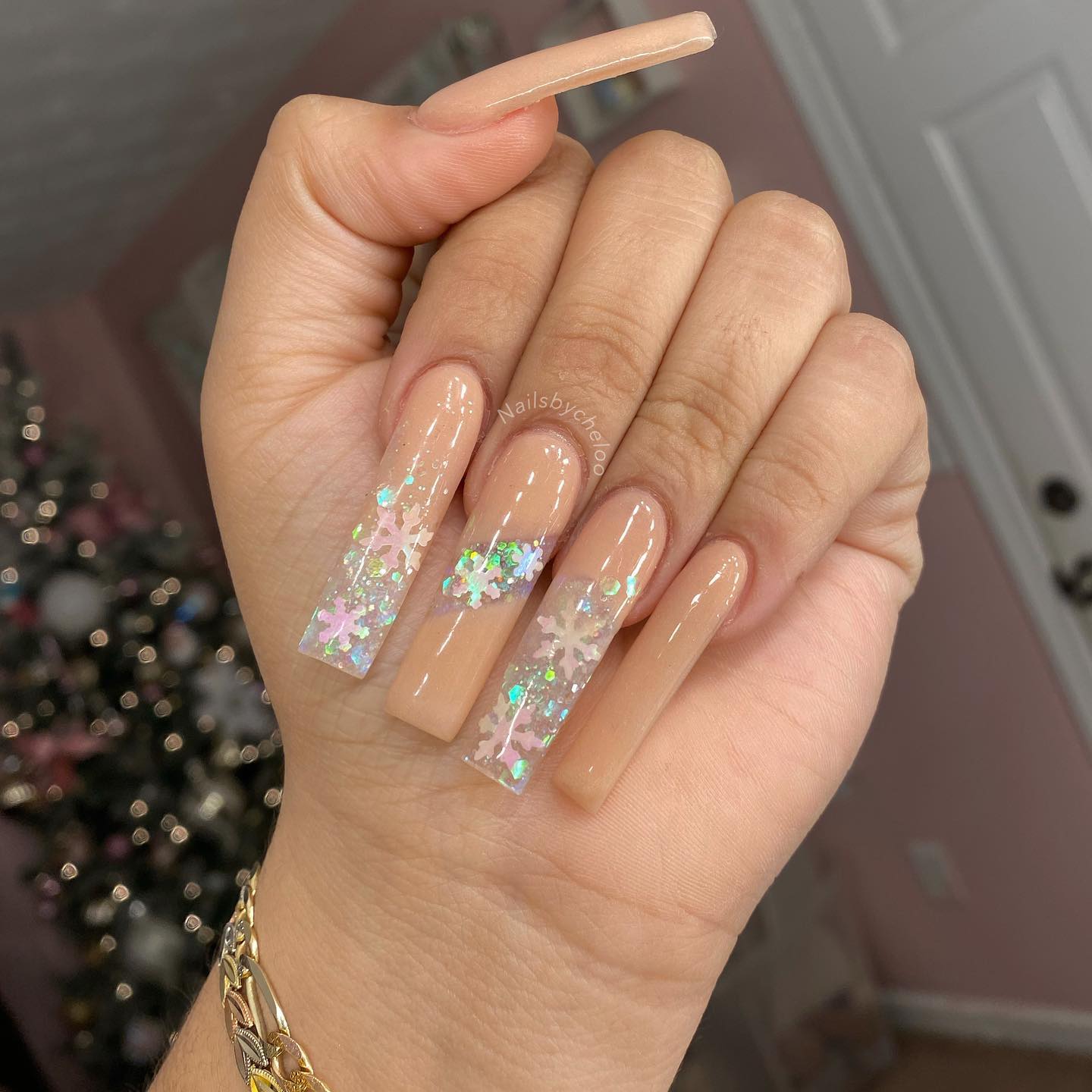 Nude Glitter Christmas Nails