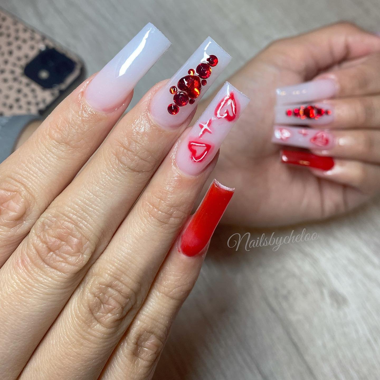 Elegant Red and Nude Heart Nails