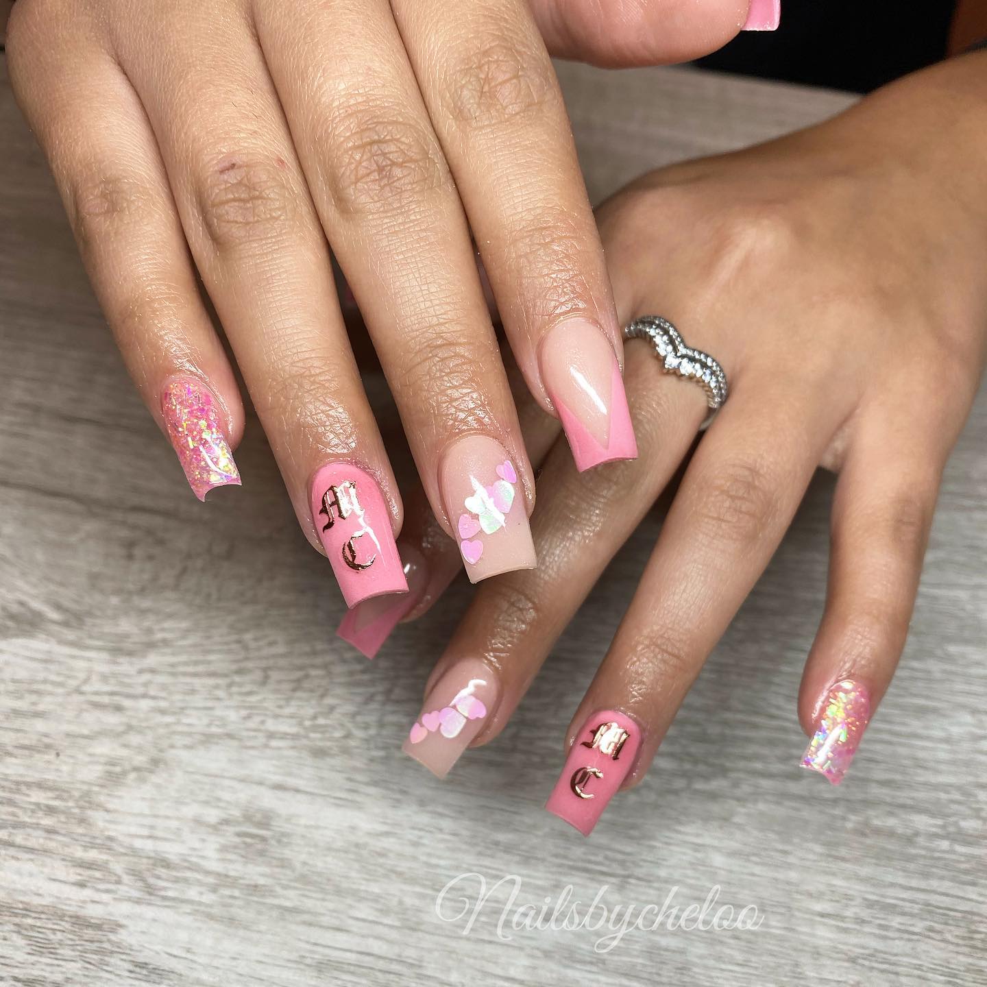 Pink and Nude Artistic Nails with Hearts