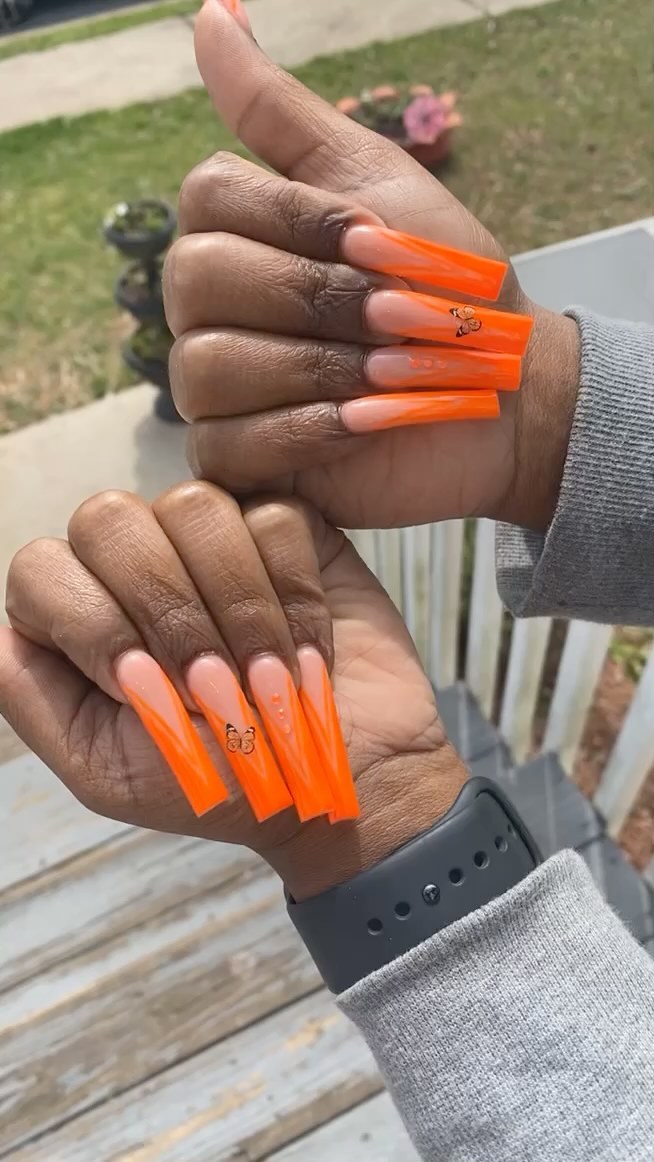Vibrant Orange and Nude Nails