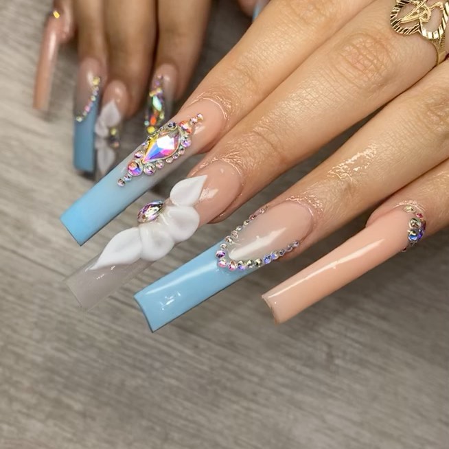 Artistic Blue and Nude Nails with Rhinestones