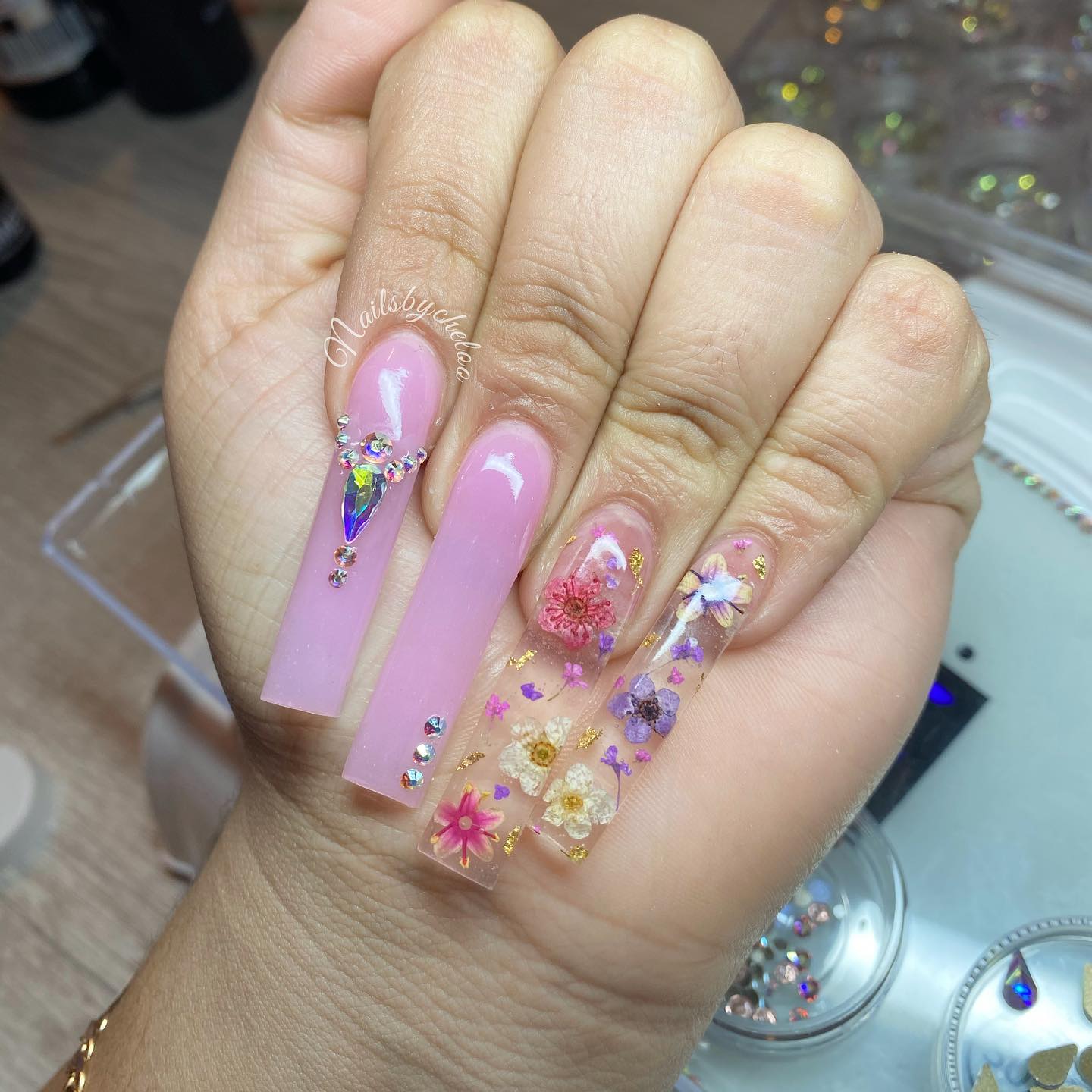 Floral and Gem Nail Art