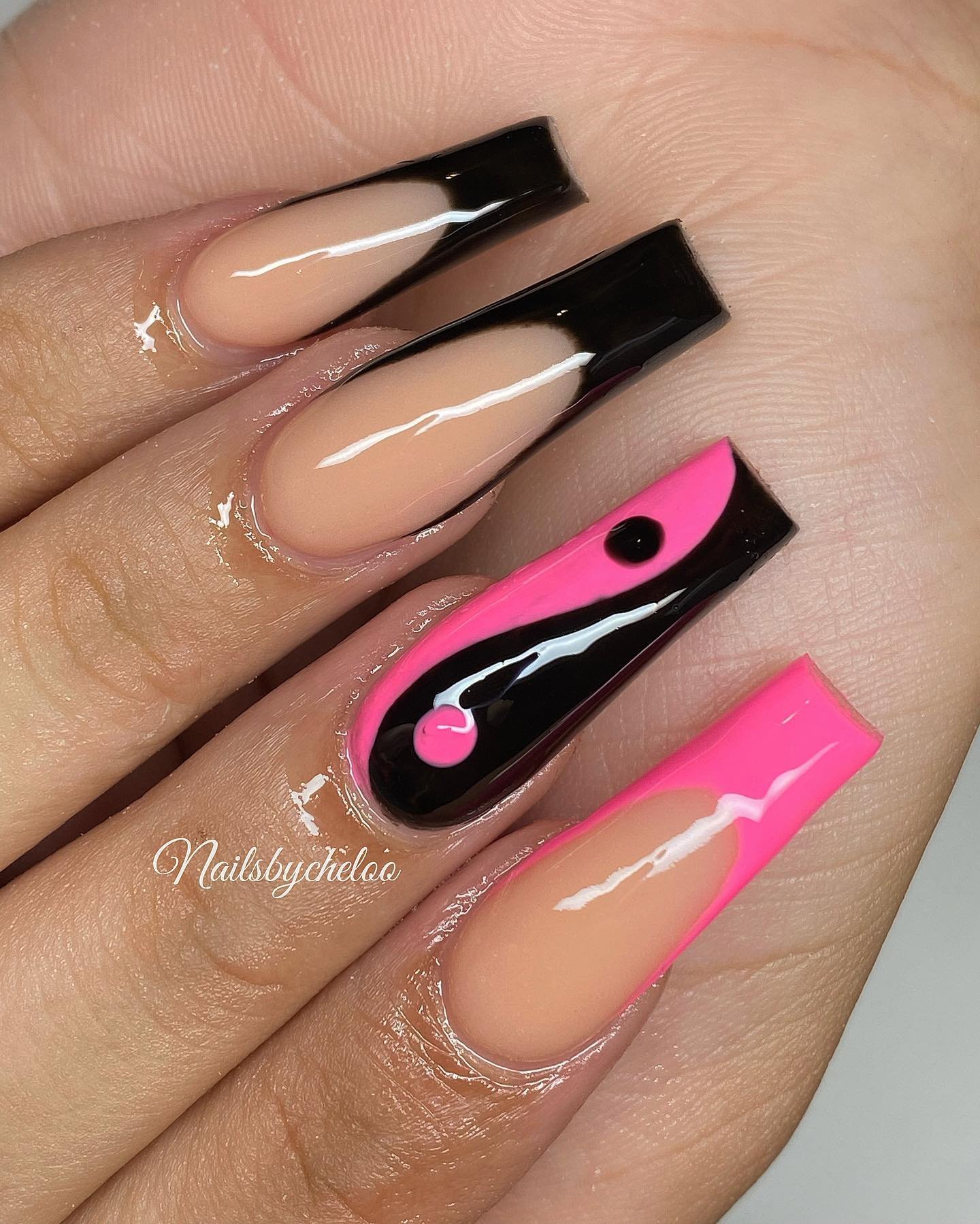 Artistic Pink and Black Nails