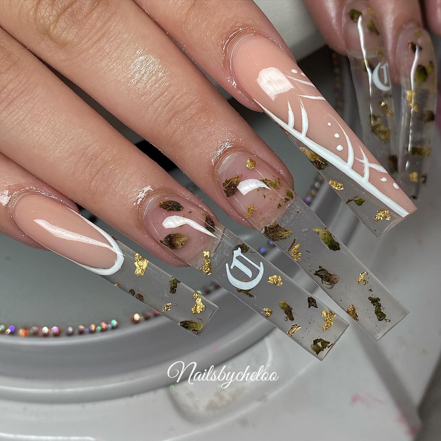 Elegant Nude and Clear Nails with Gold Flakes
