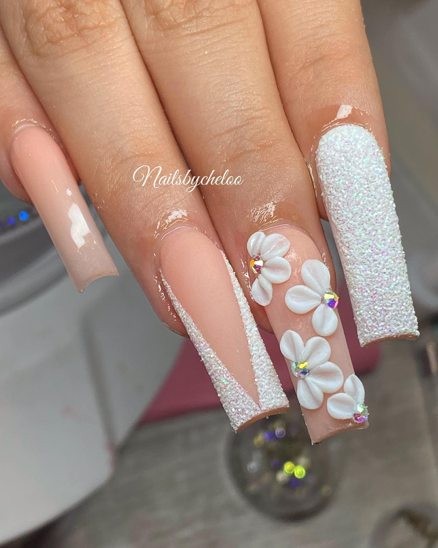 Elegant Floral Nails with Glitter