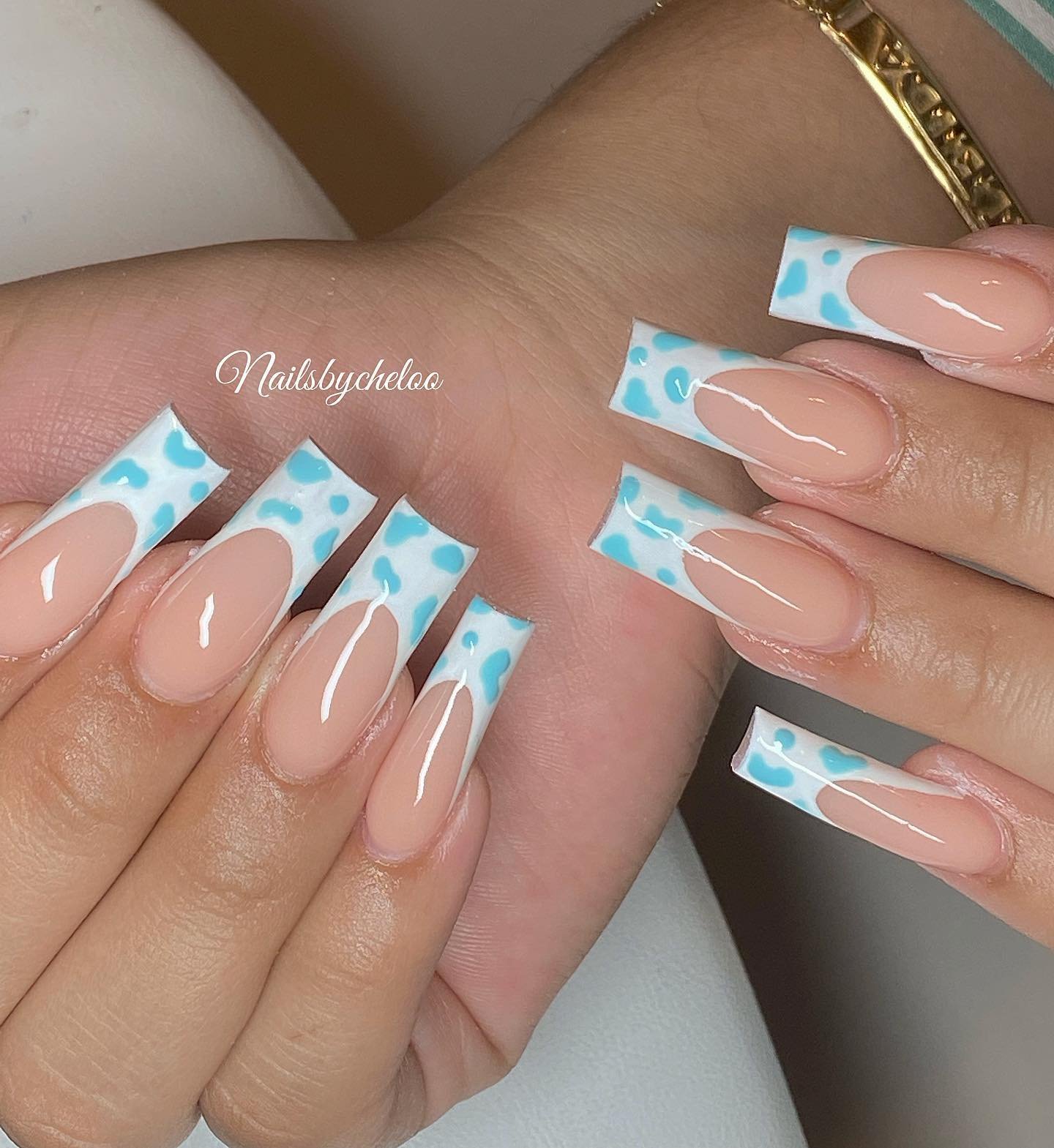 Stylish Blue and Nude French Tip Nails
