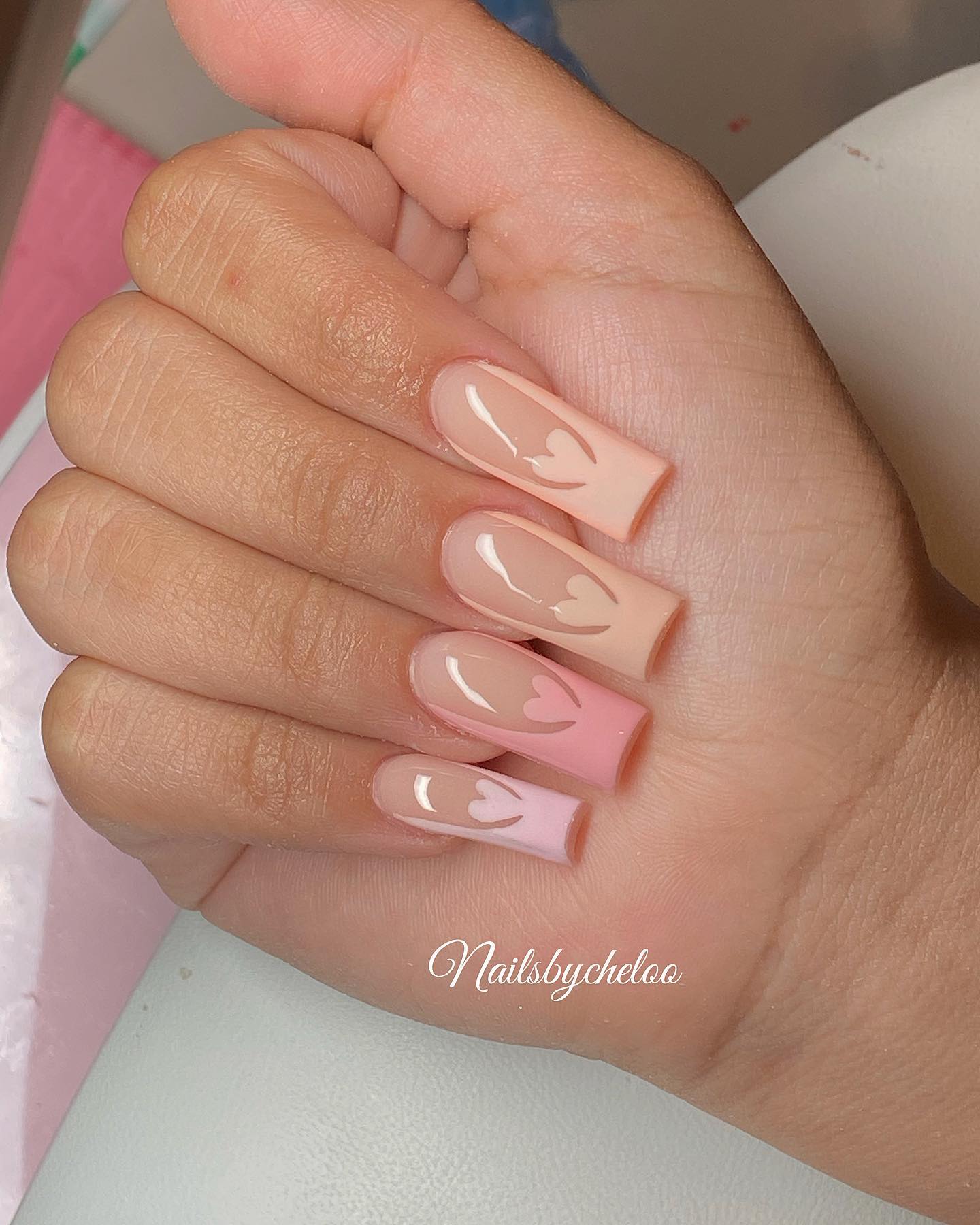 Elegant Nude and Pink Heart Nails