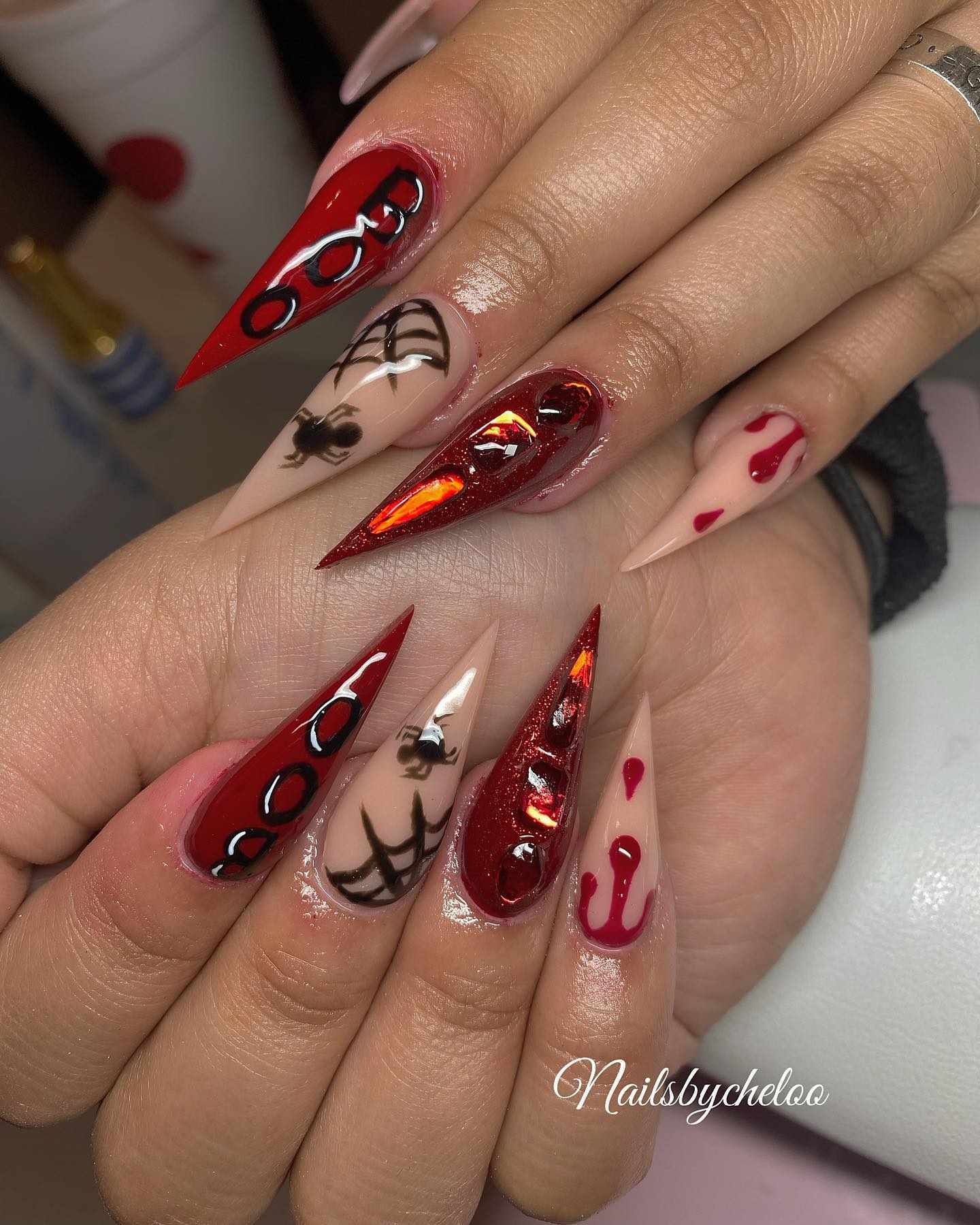 Artistic Red and Nude Stiletto Nails