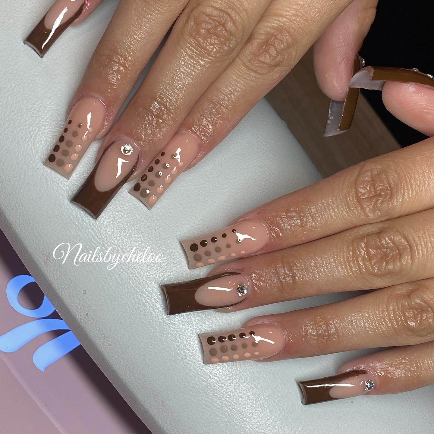 Stylish Brown and Nude Nails with Rhinestones