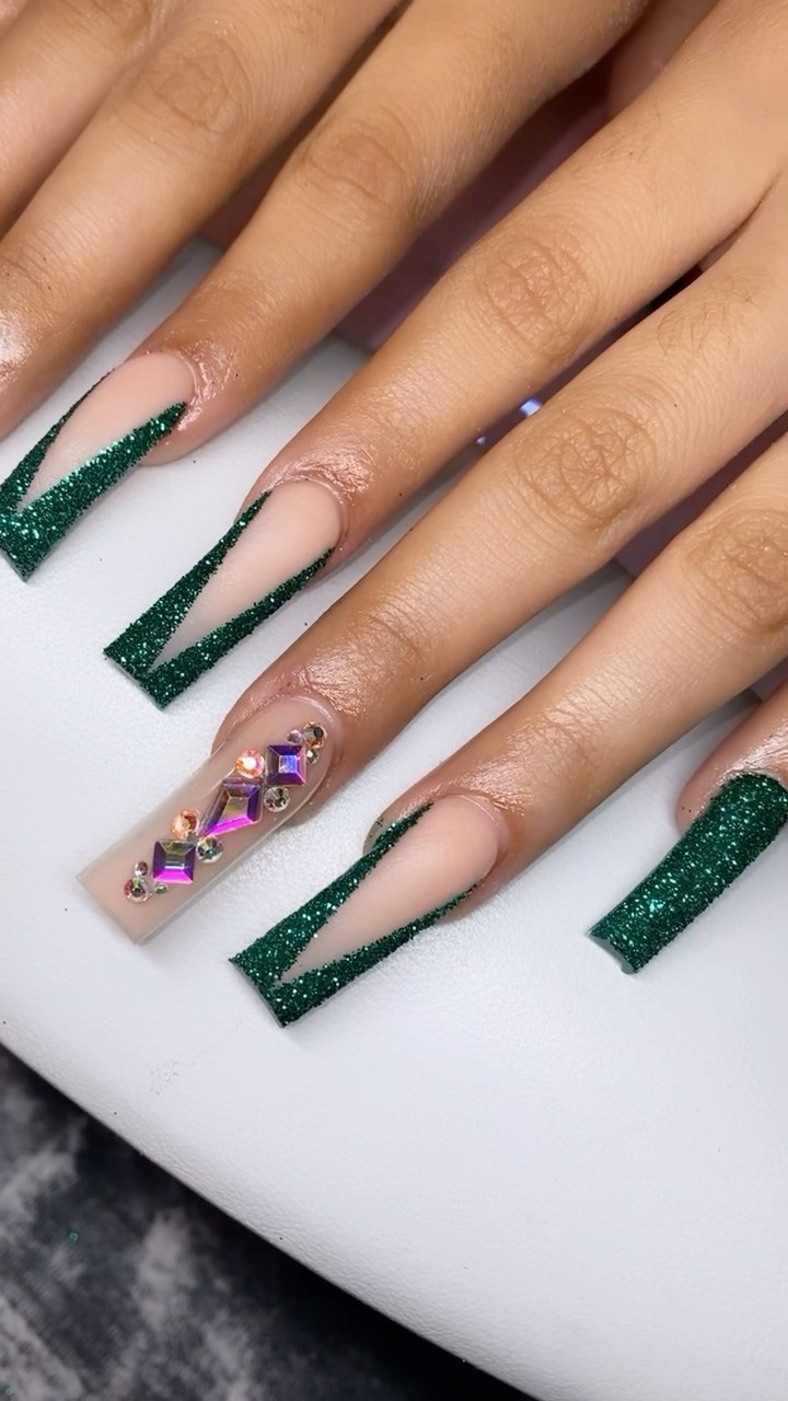 Glitter Green and Nude Nails with Gems