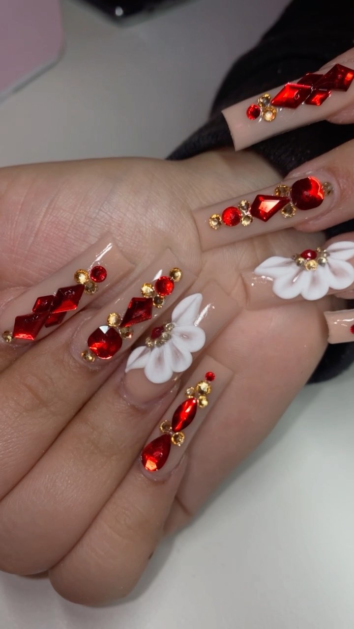 Artistic Red and White Gem Nails