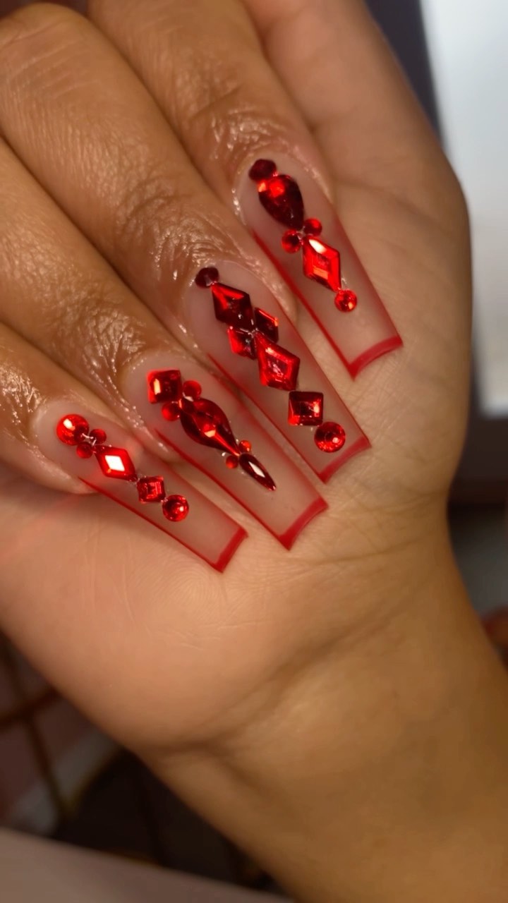 Elegant Red Rhinestone Nails