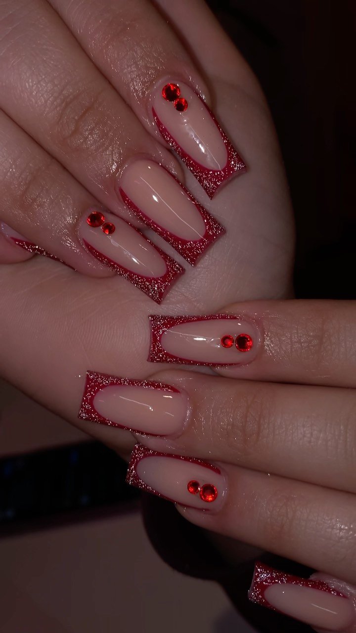 Elegant Red Glitter French Nails