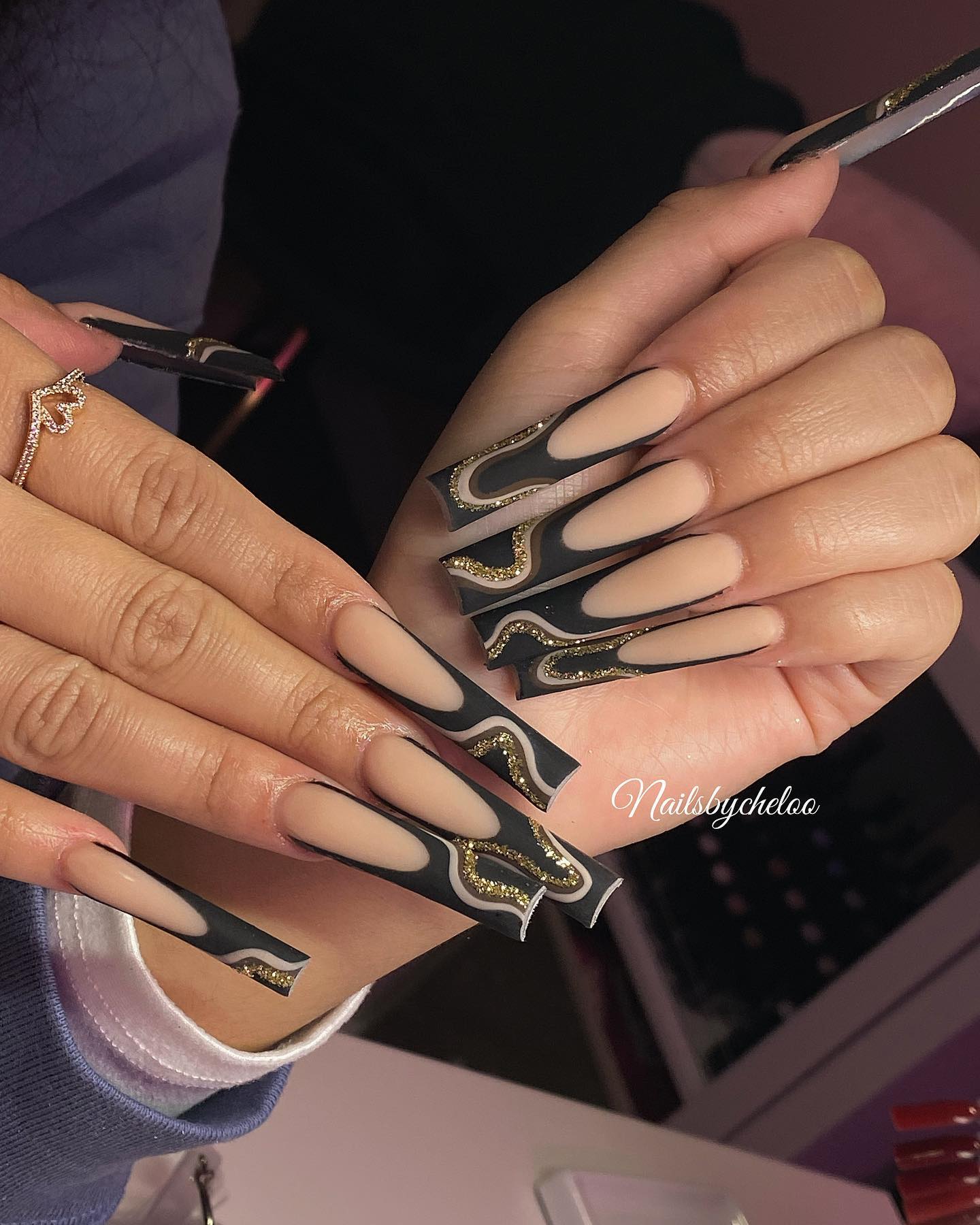 Elegant Black and Nude Long Nails