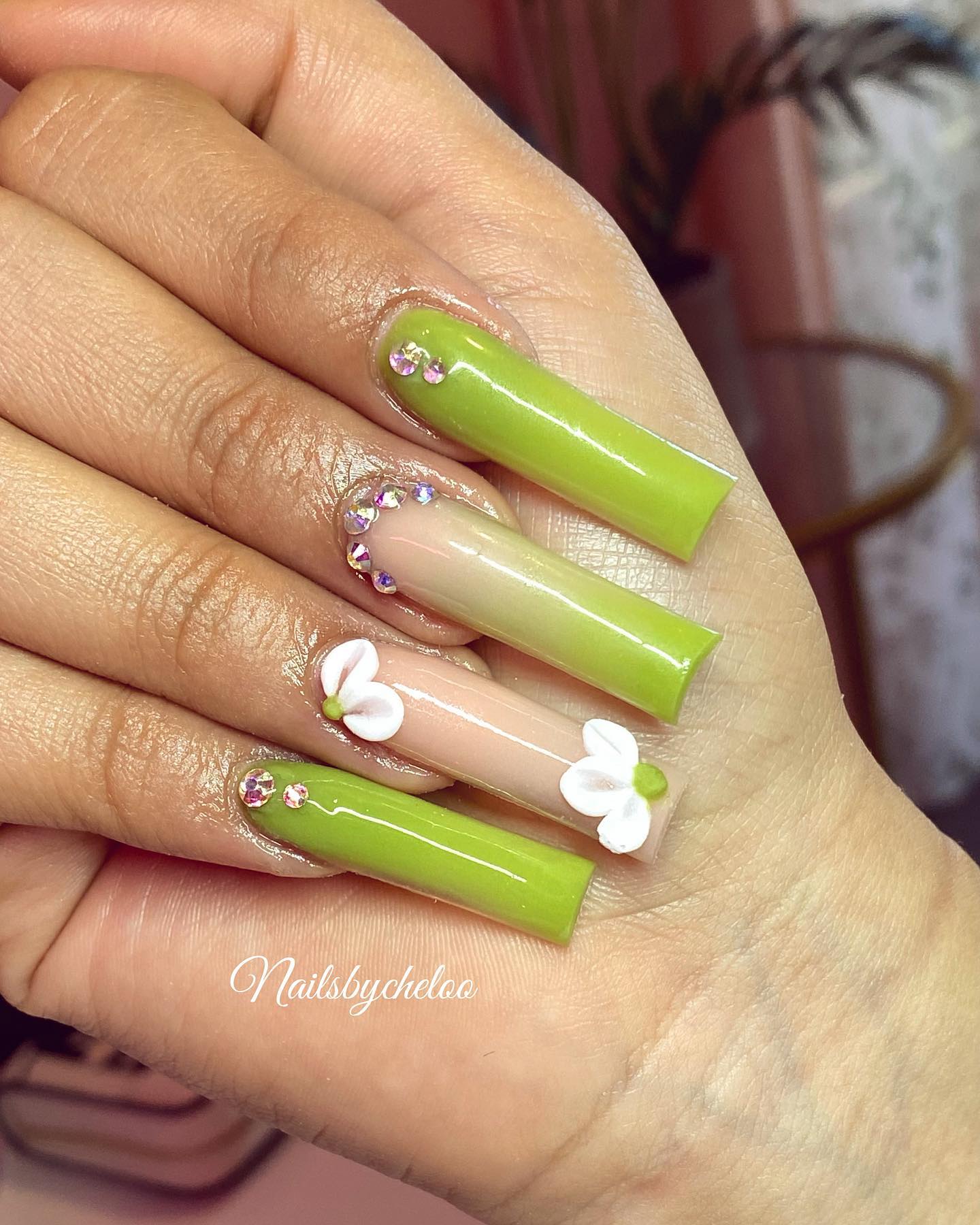 Vibrant Floral Green Nails