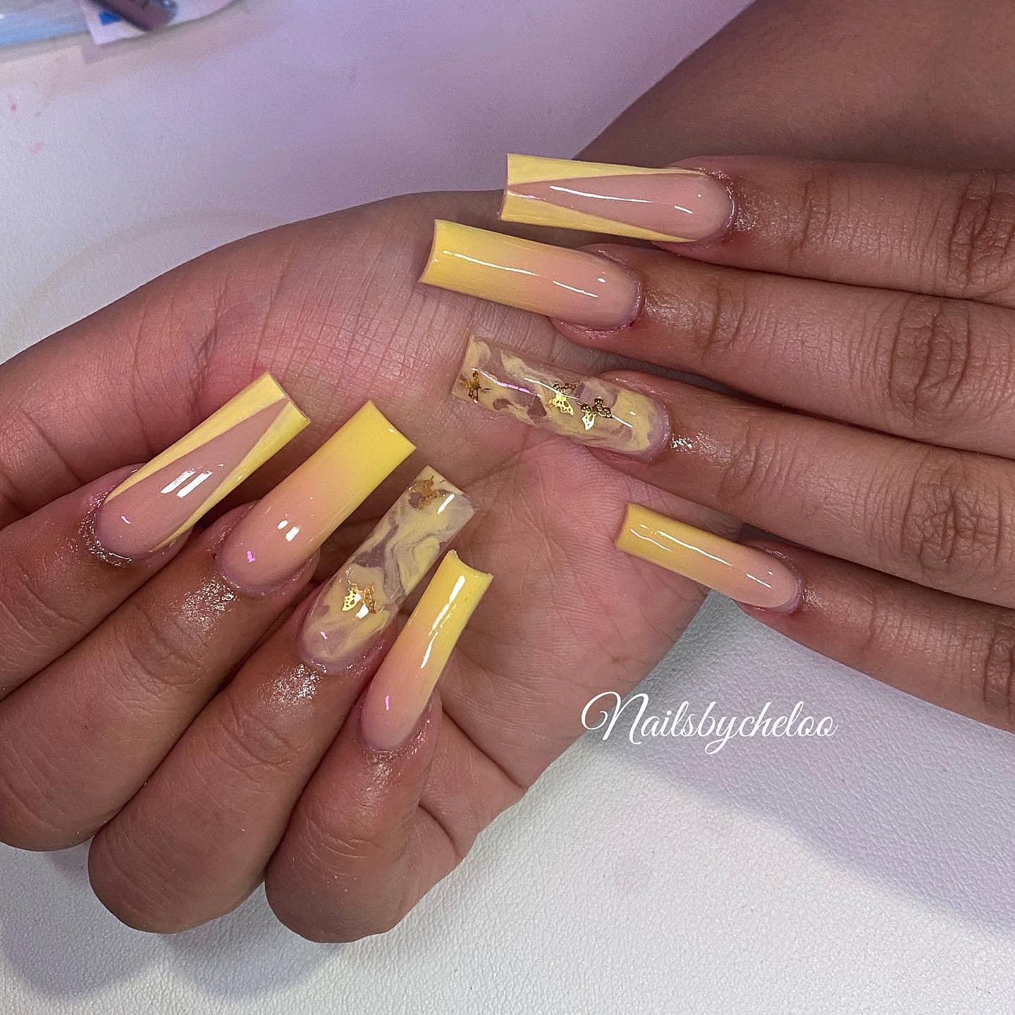 Yellow Ombre Nails with Gold Accents
