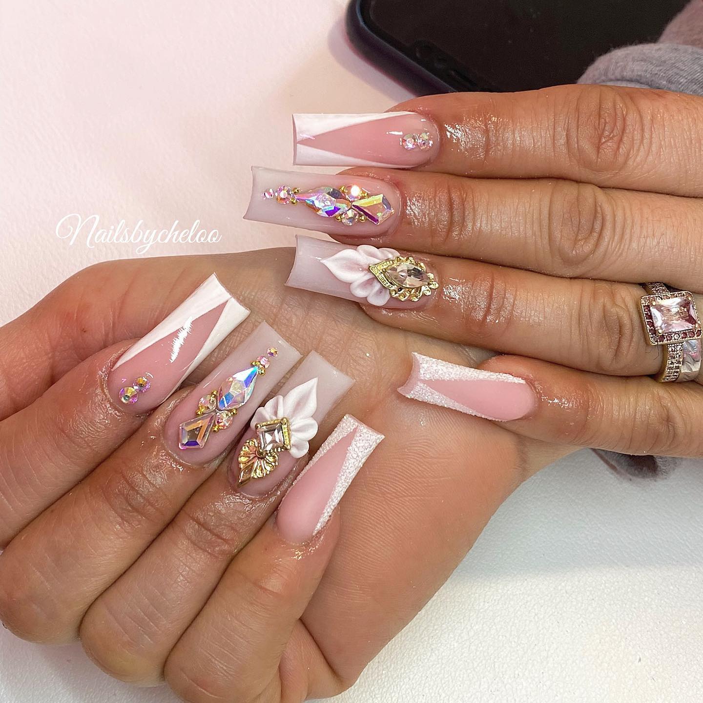 Elegant Nude and White Rhinestone Nails
