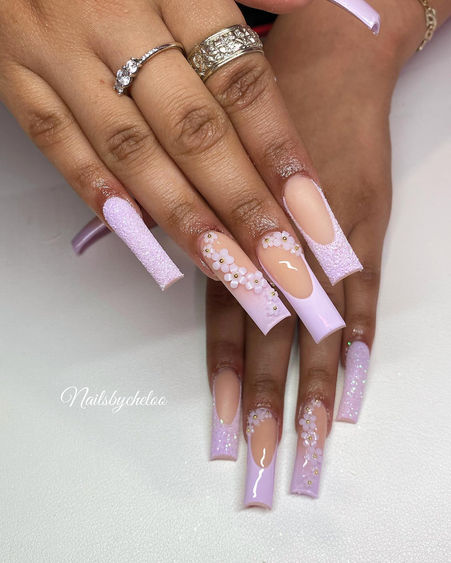 Elegant Floral Glitter Nails