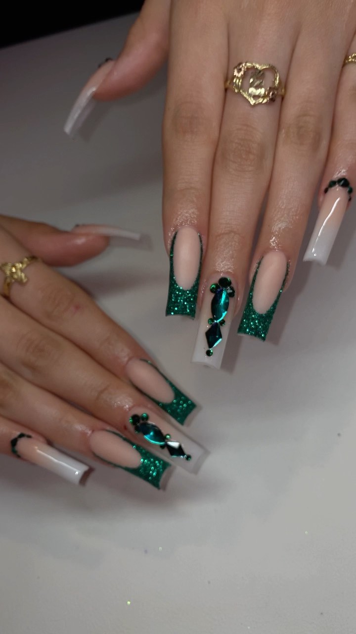 Elegant Glittery Green and Nude Nails