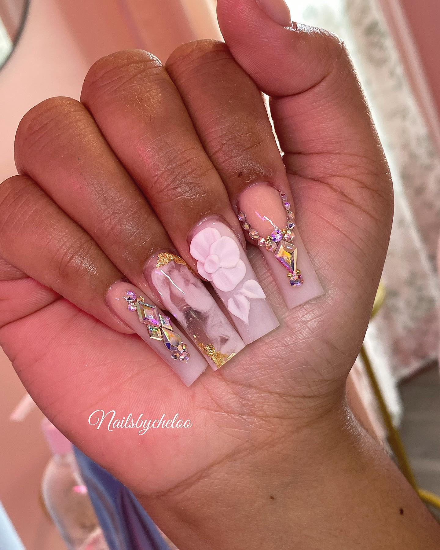 Artistic Floral Nails with Gems