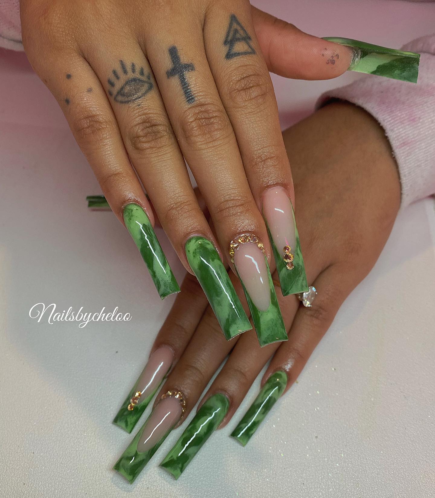 Artistic Green Marble Nails