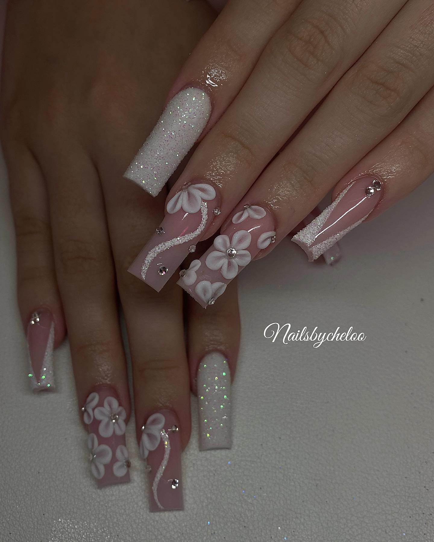 Elegant Floral Sparkle Nails