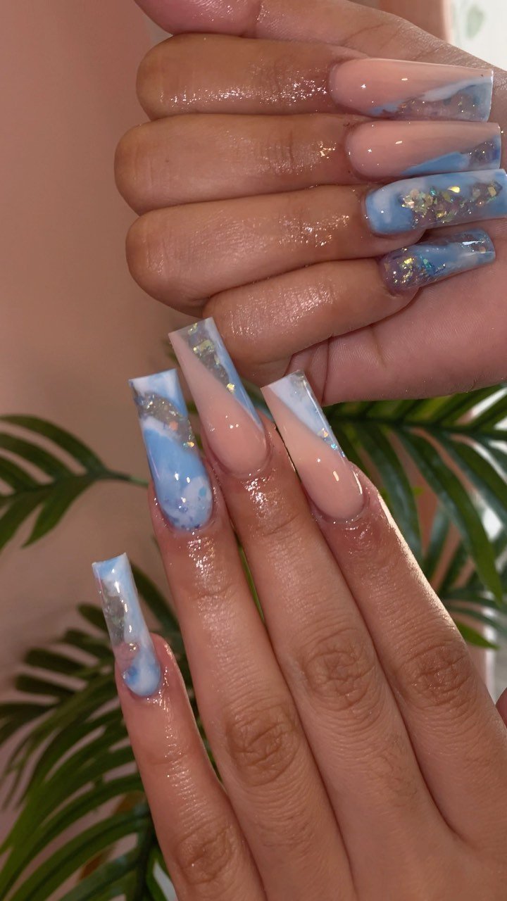 Artistic Blue and Nude Nails