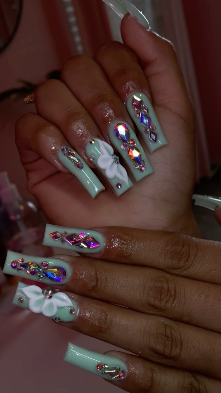 Artistic Mint Green Nails with Gems