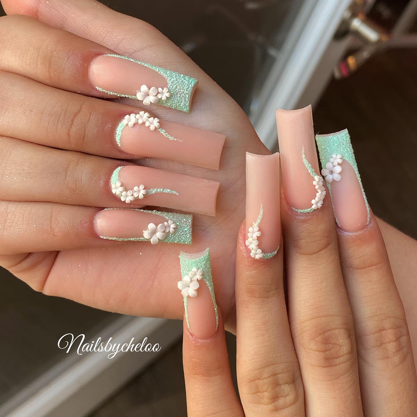 Elegant Floral Mint Nails