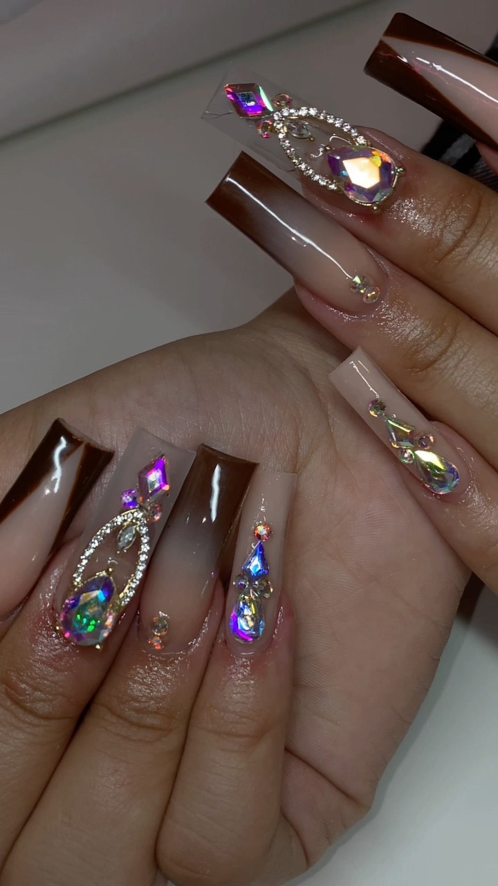 Elegant Nude and Brown Rhinestone Nails