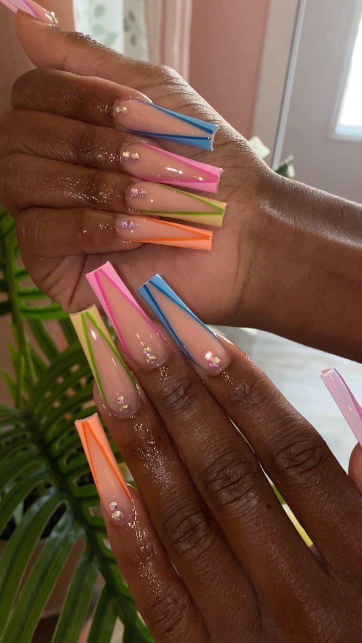Colorful Stiletto Nails with Gems