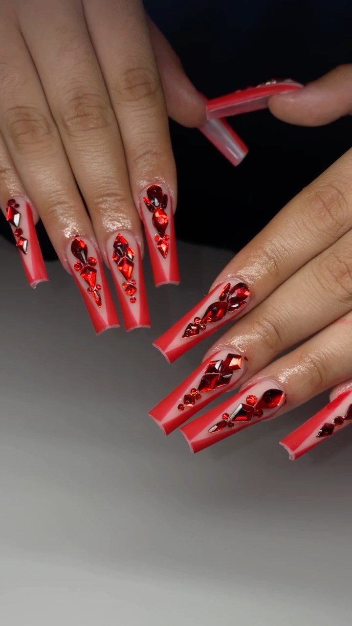 Elegant Red Gems Nail Art