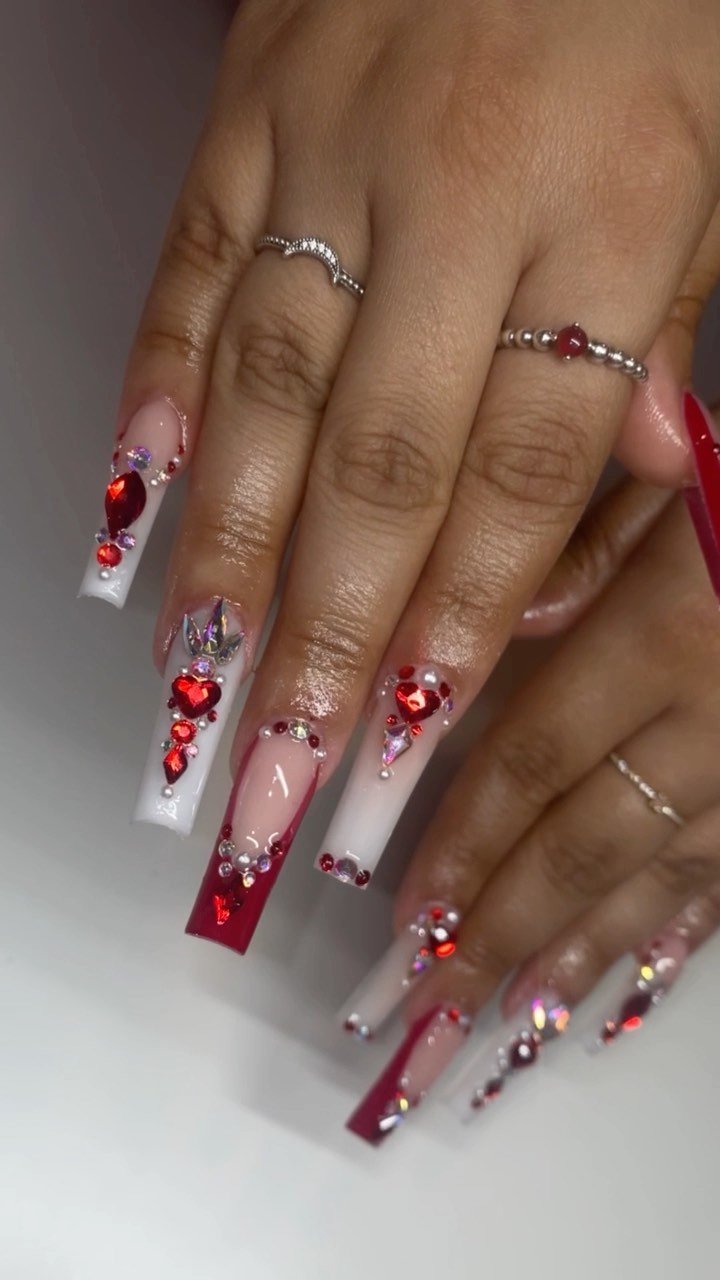Elegant Red and Nude Gem Nails
