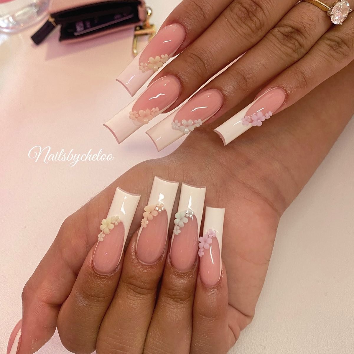 Elegant Floral French Tip Nails