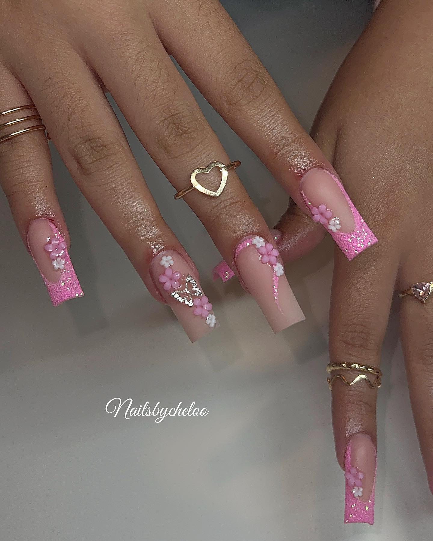 Floral Pink Glitter Nails