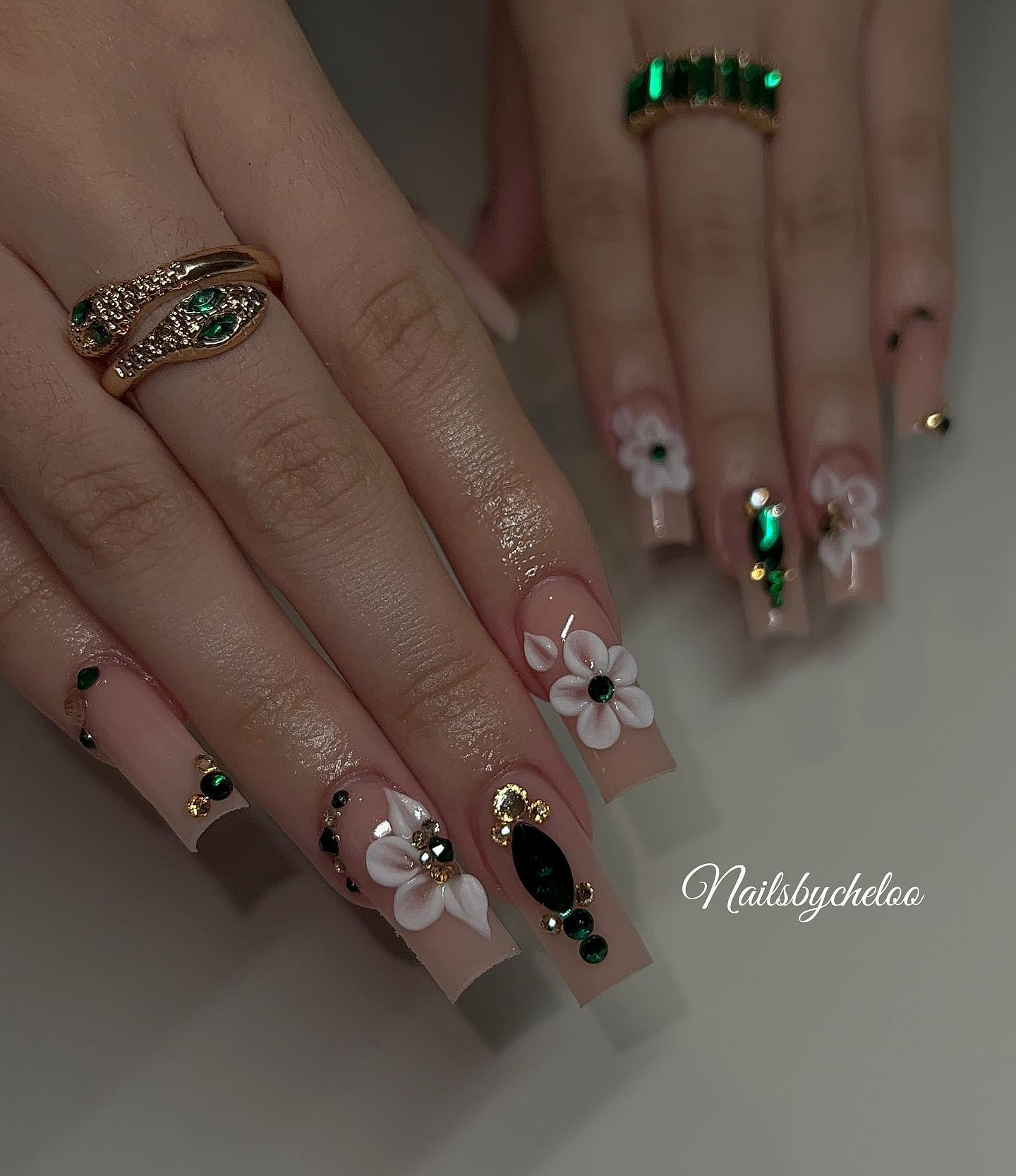 Elegant Floral Nail Art with Gems
