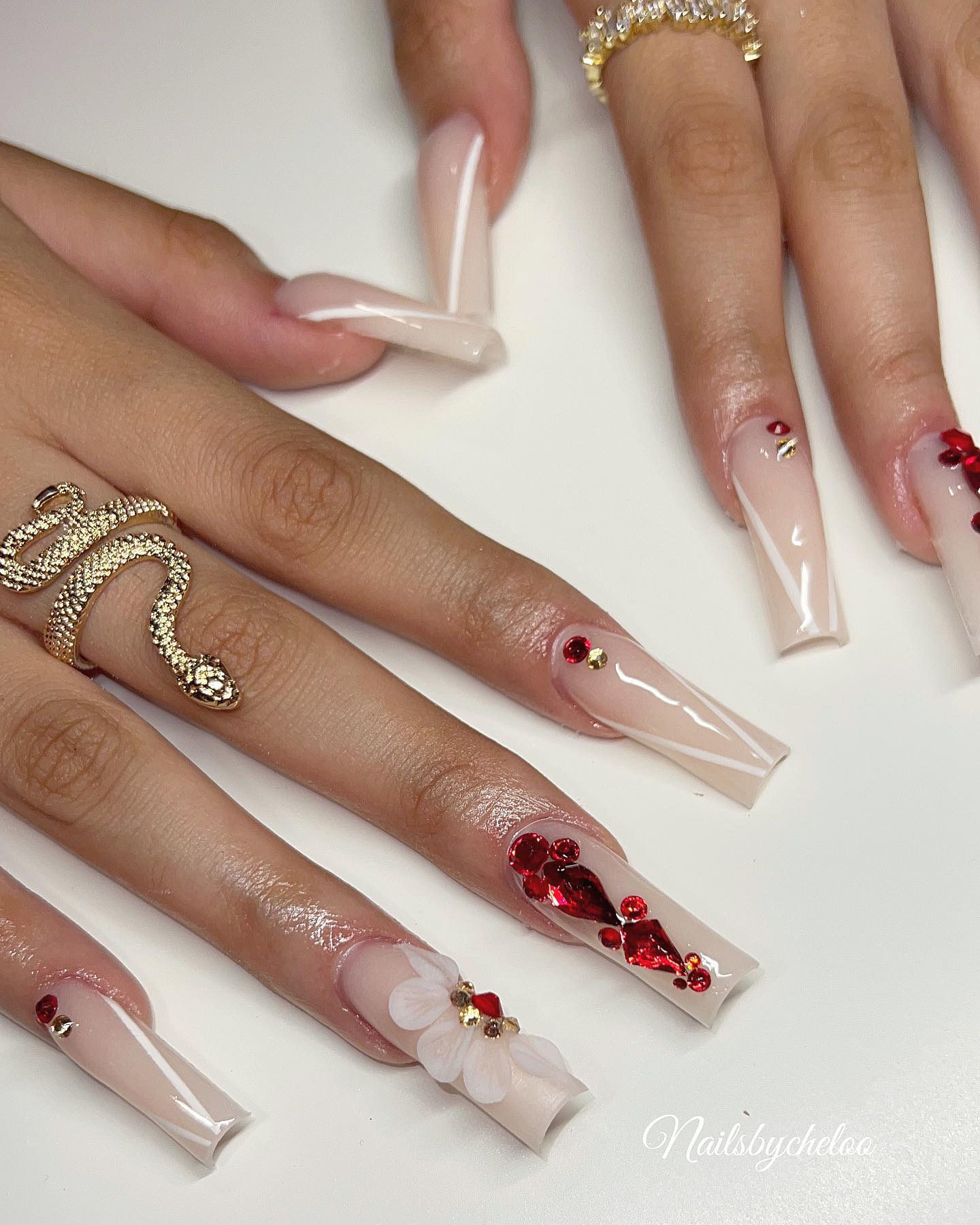 Elegant Nude and Red Nail Design