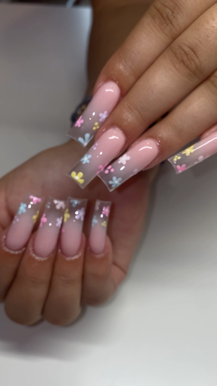 Floral Pink Ombre Nails