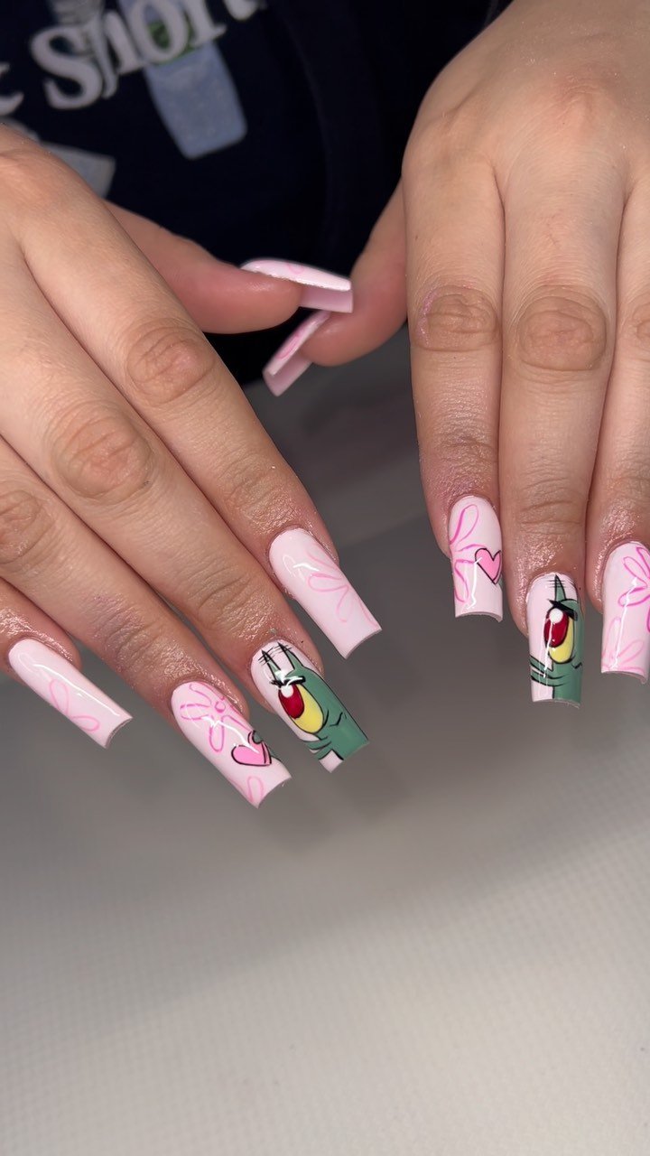 Artistic Pink Nails with Cartoon Character