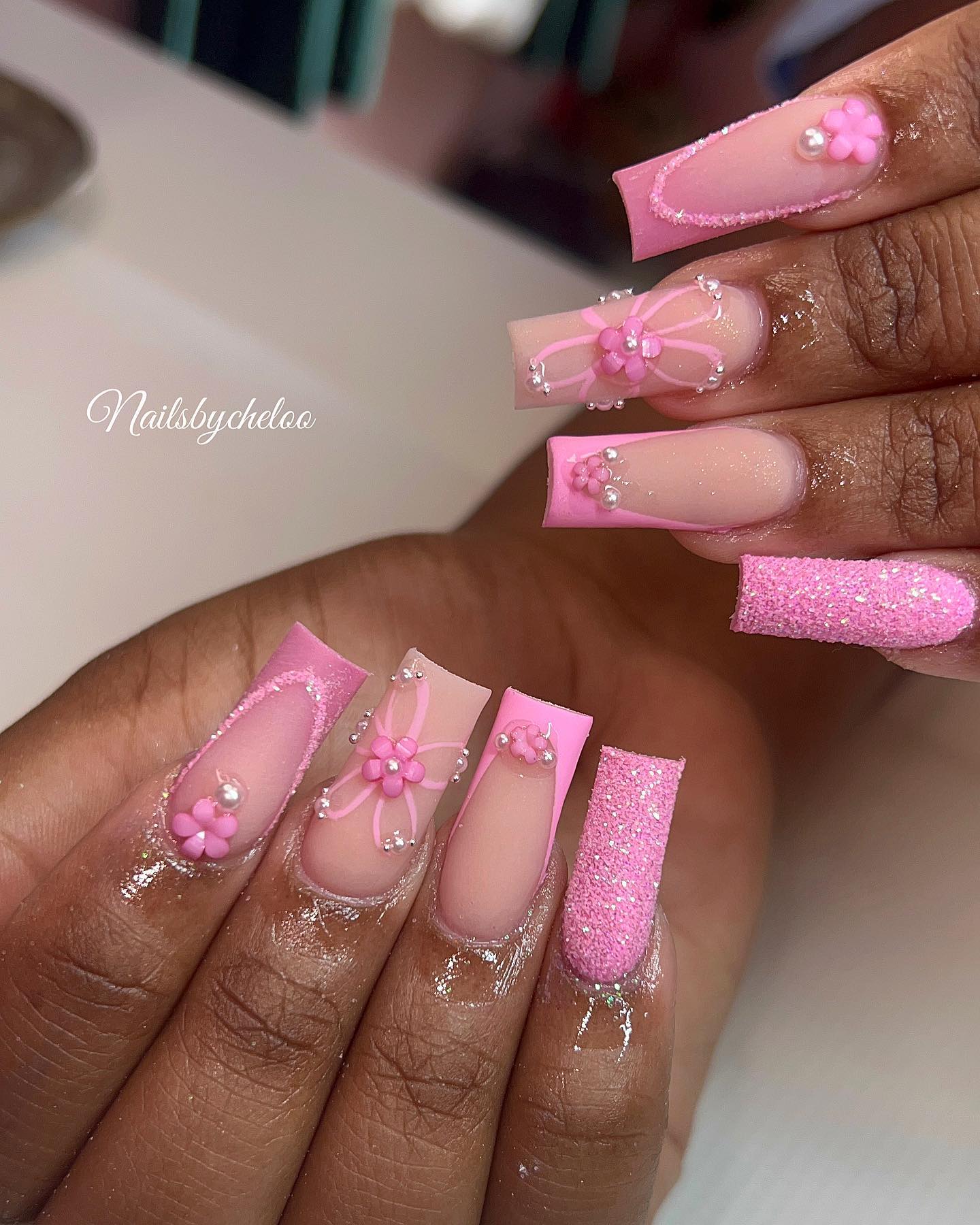 Pink Floral Nails