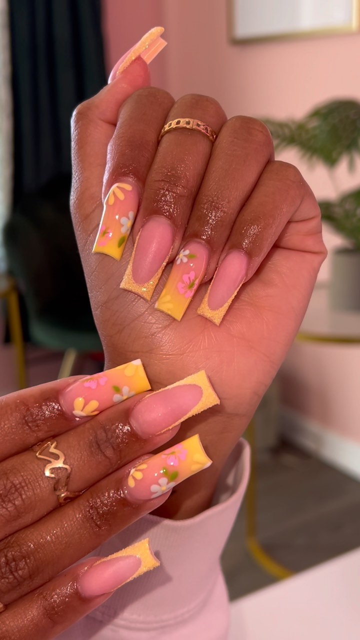 Artistic Floral Yellow and Pink Nails