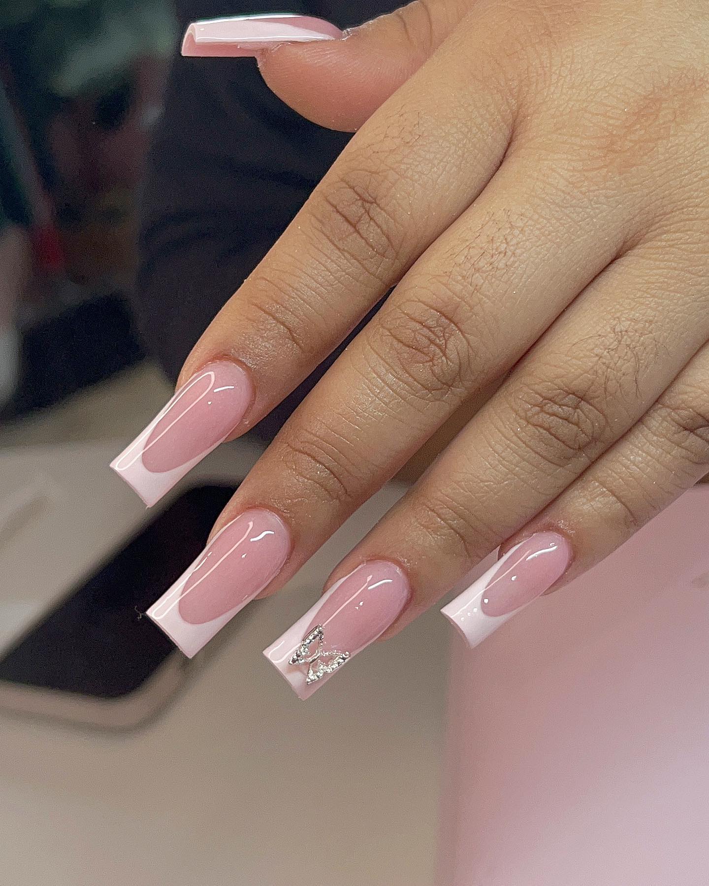 Elegant Pink French Tips with Rhinestones