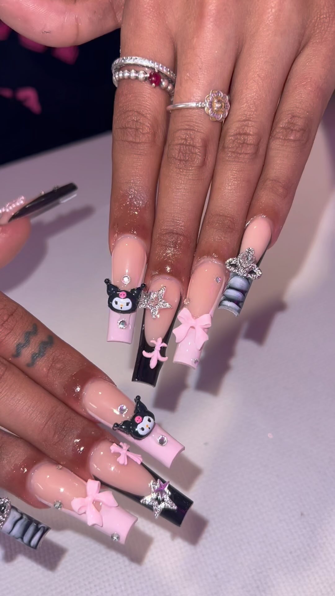 Cute Artistic Nails with Bow and Charms