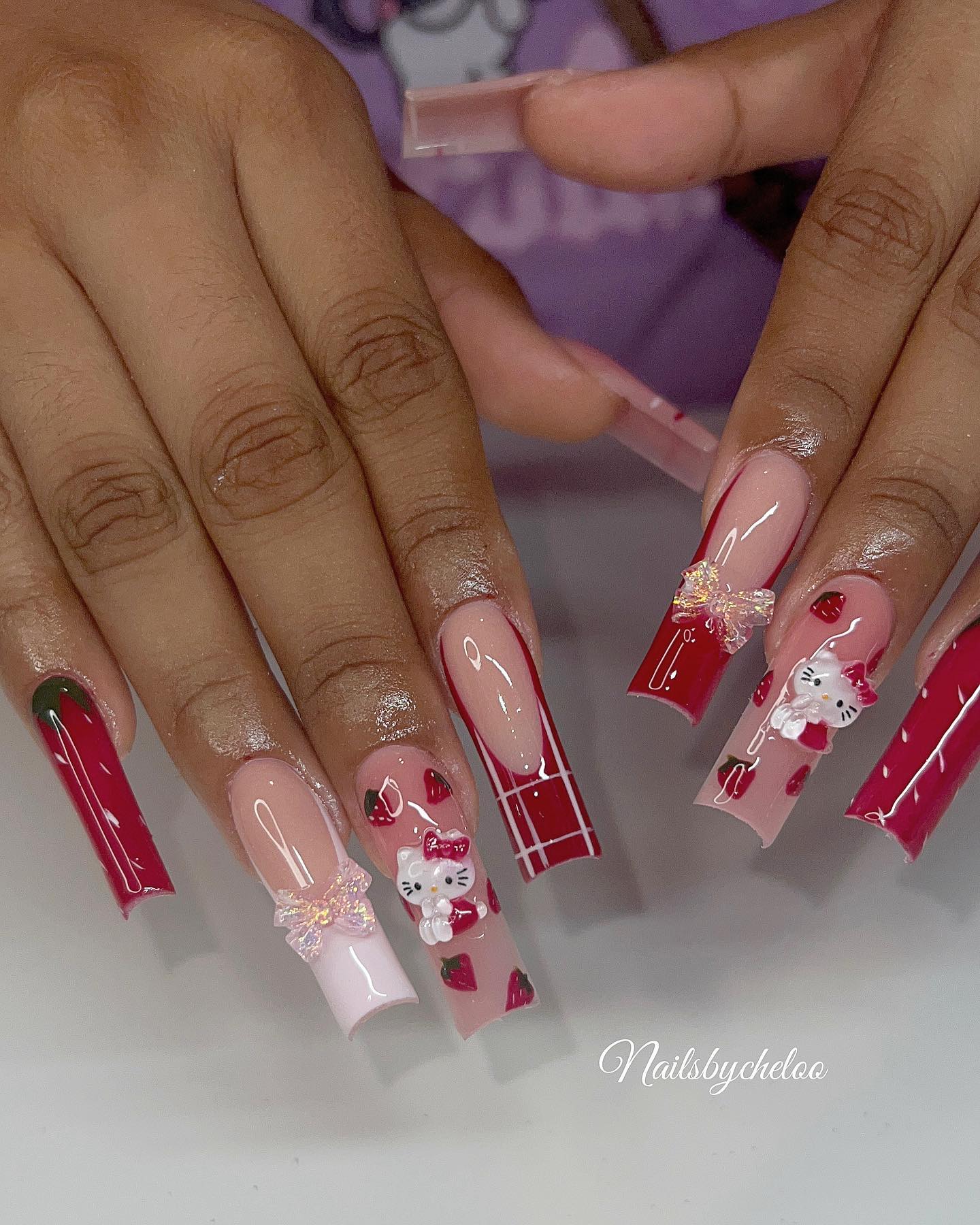 Artistic Strawberry & Hello Kitty Nails