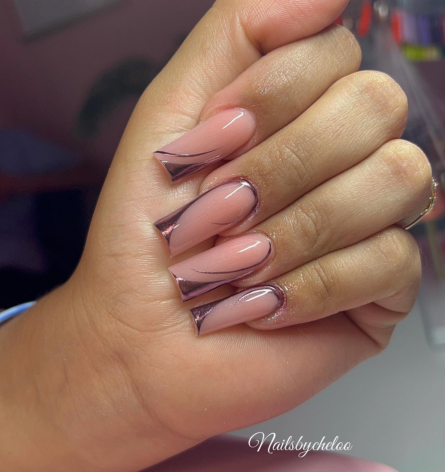 Elegant Nude Ombre Nails with Metallic Tips