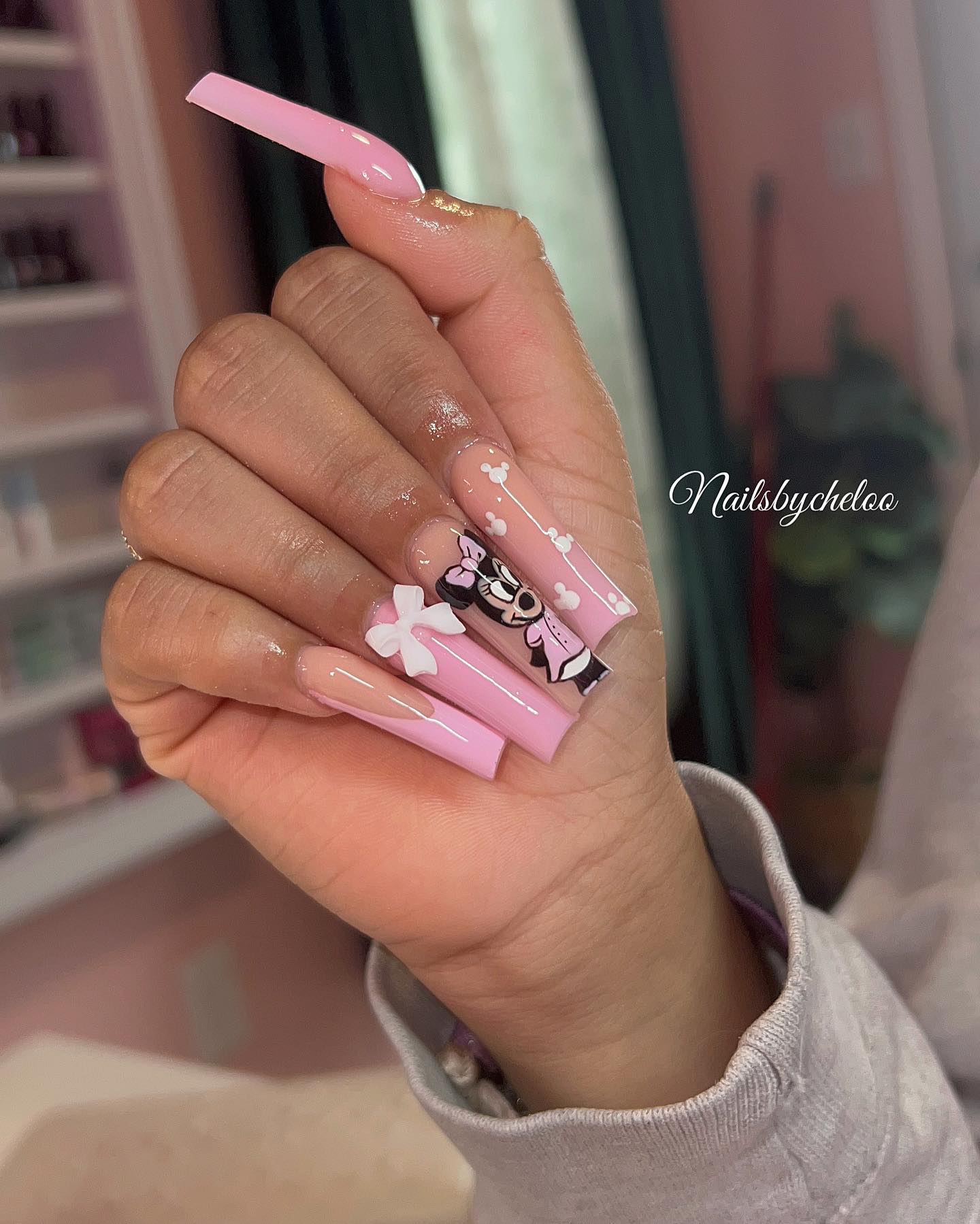 Cute Pink Nail Art with Character