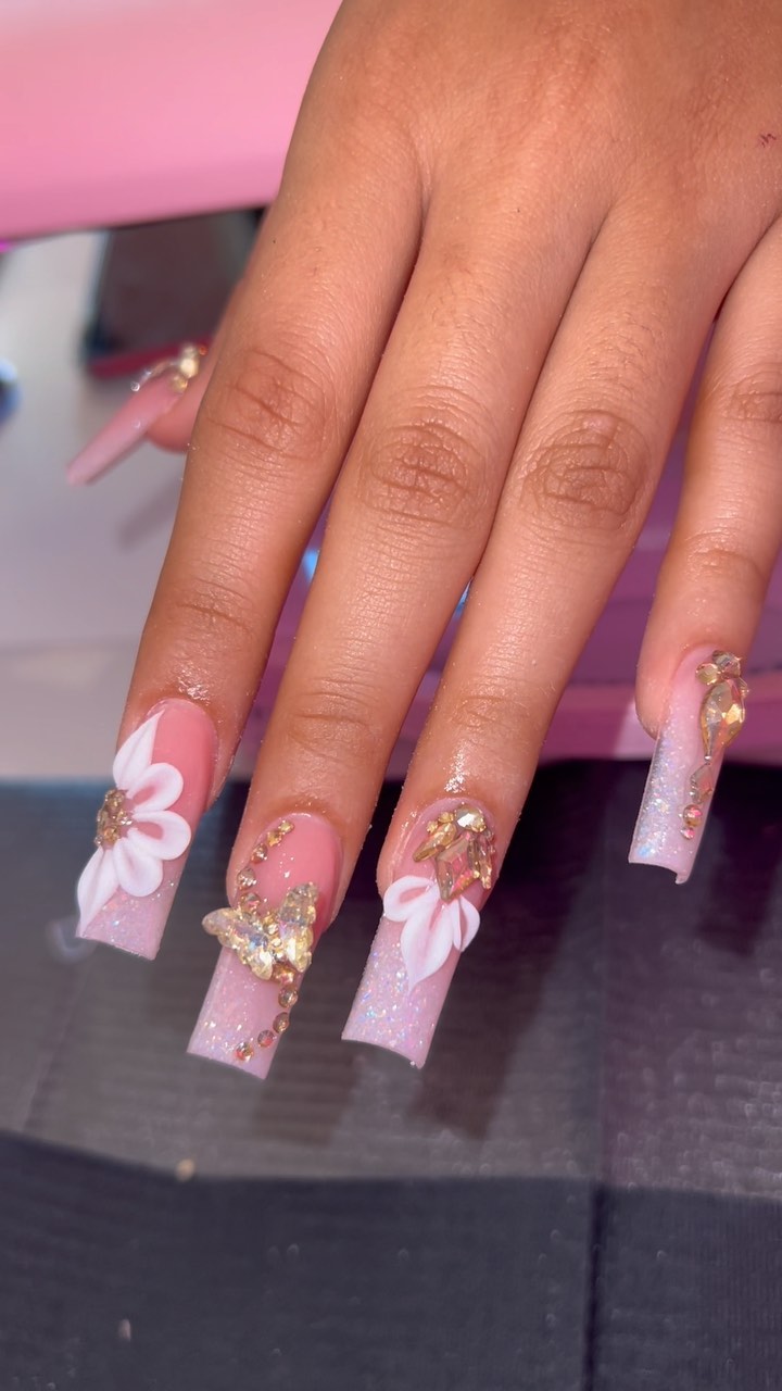 Artistic Floral Nails with Gems